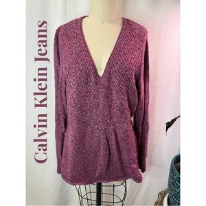 Calvin Klein Jeans XL Burgundy V-Neck Long Sleeve Knit Top Sweat